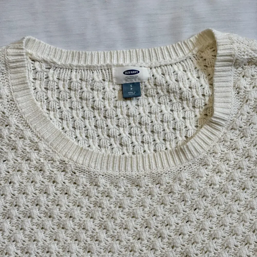 Old Navy White Chunky Knit Sweater Cotton Acrylic Blend Womens Small Ribbed Crew